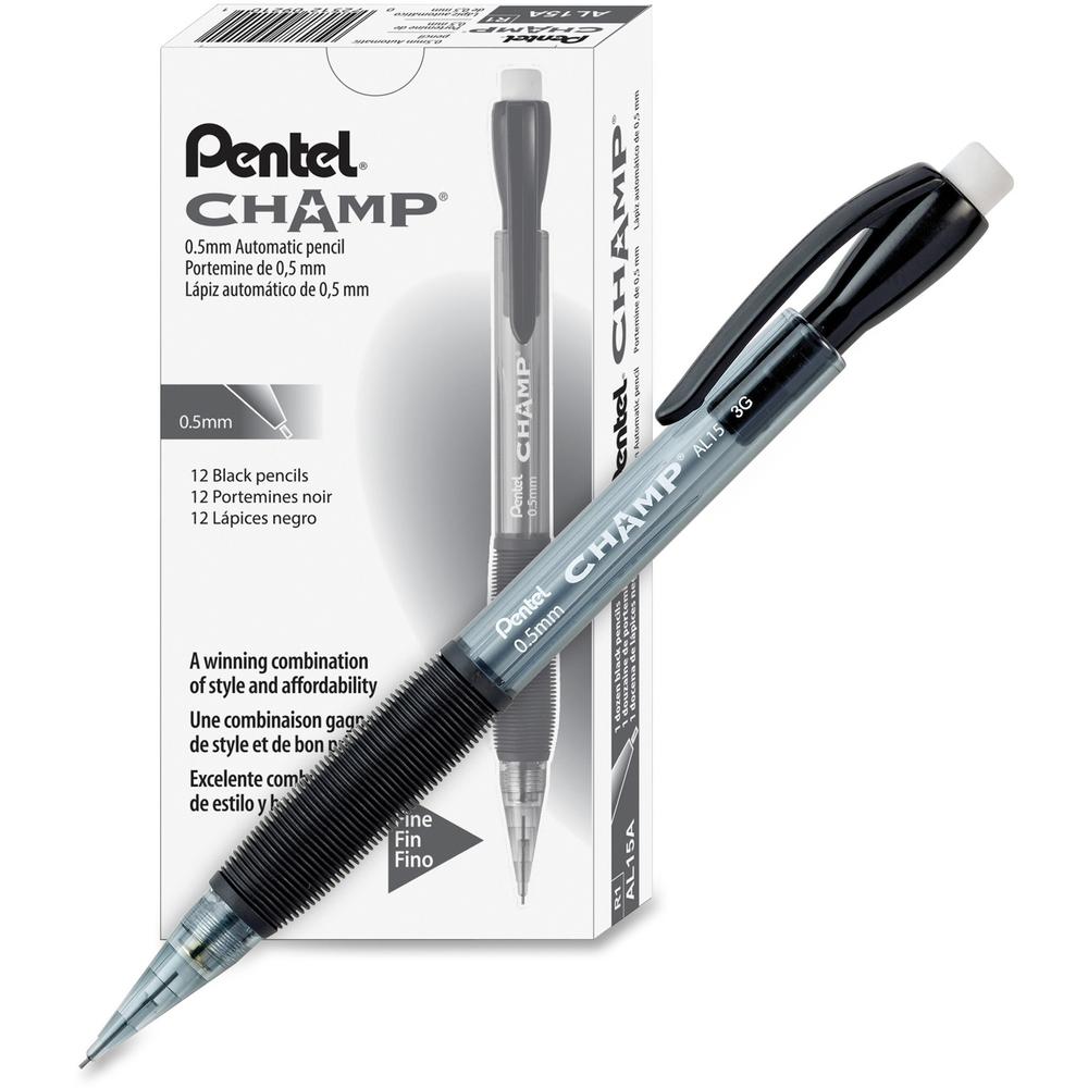 Pentel Champ Mechanical Pencils - #2 Lead - 0.5 mm Lead Diameter - Refillable - Black Barrel - 12 / Dozen. Picture 1
