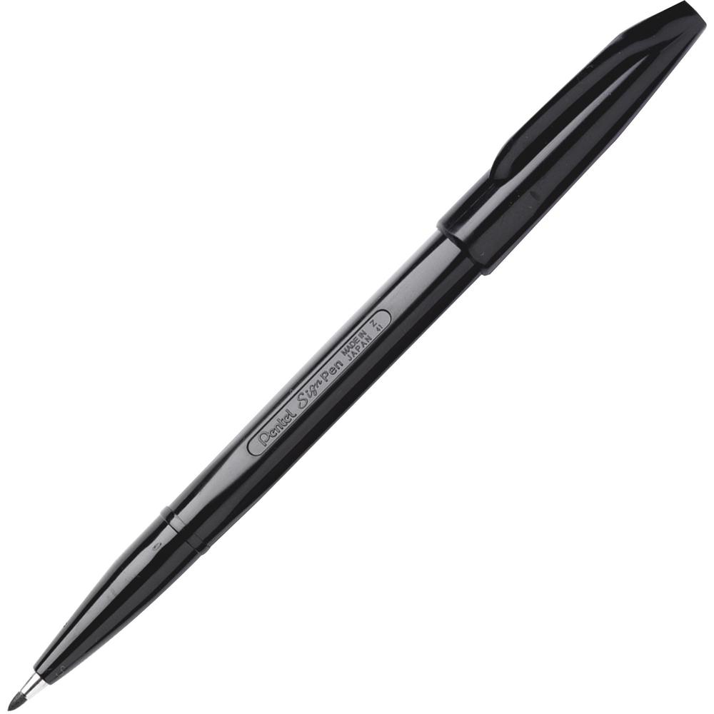 Pentel Fiber-tipped Sign Pens - Bold Pen Point - Black Water Based Ink - Black Barrel - Fiber Tip - 1 Dozen. Picture 1