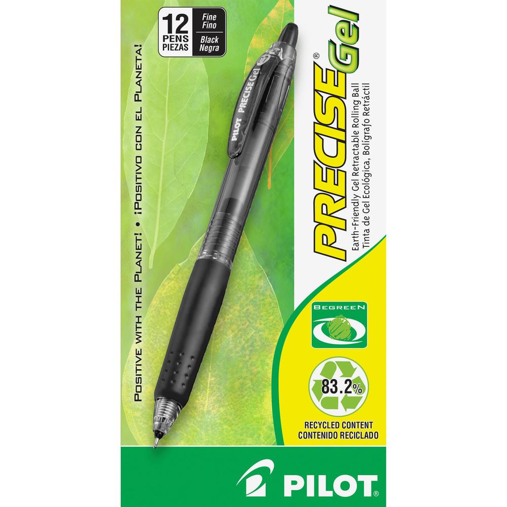Pilot Precise Gel Fine Retractable BeGreen Pens - Fine Pen Point - 0.7 mm Pen Point Size - Needle Pen Point Style - Refillable - Retractable - Black Gel-based Ink - Translucent Barrel - 1 Dozen. Picture 1