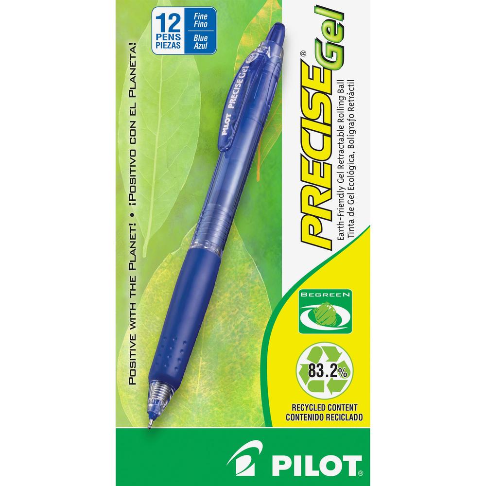 Pilot Precise Gel Fine Retractable BeGreen Pens - Fine Pen Point - 0.7 mm Pen Point Size - Needle Pen Point Style - Refillable - Retractable - Blue Gel-based Ink - Translucent Barrel - 12 / Dozen. Picture 1