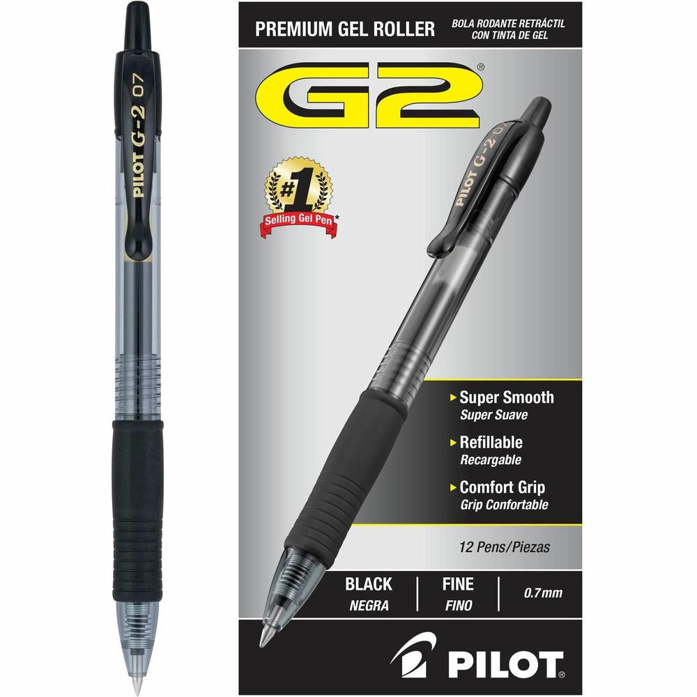 Pilot G2 Retractable Gel Ink Rollerball Pens - Fine Pen Point - 0.7 mm Pen Point Size - Refillable - Retractable - Black Gel-based Ink - Clear Barrel - 1 Dozen. Picture 1