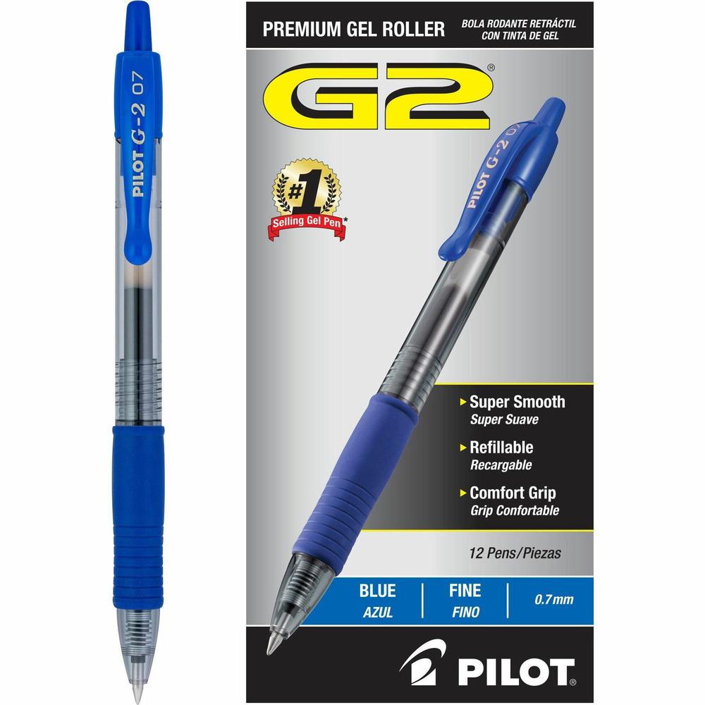 Pilot G2 Retractable Gel Ink Rollerball Pens - Fine Pen Point - 0.7 mm Pen Point Size - Refillable - Retractable - Blue Gel-based Ink - Clear Barrel - 1 Dozen. The main picture.