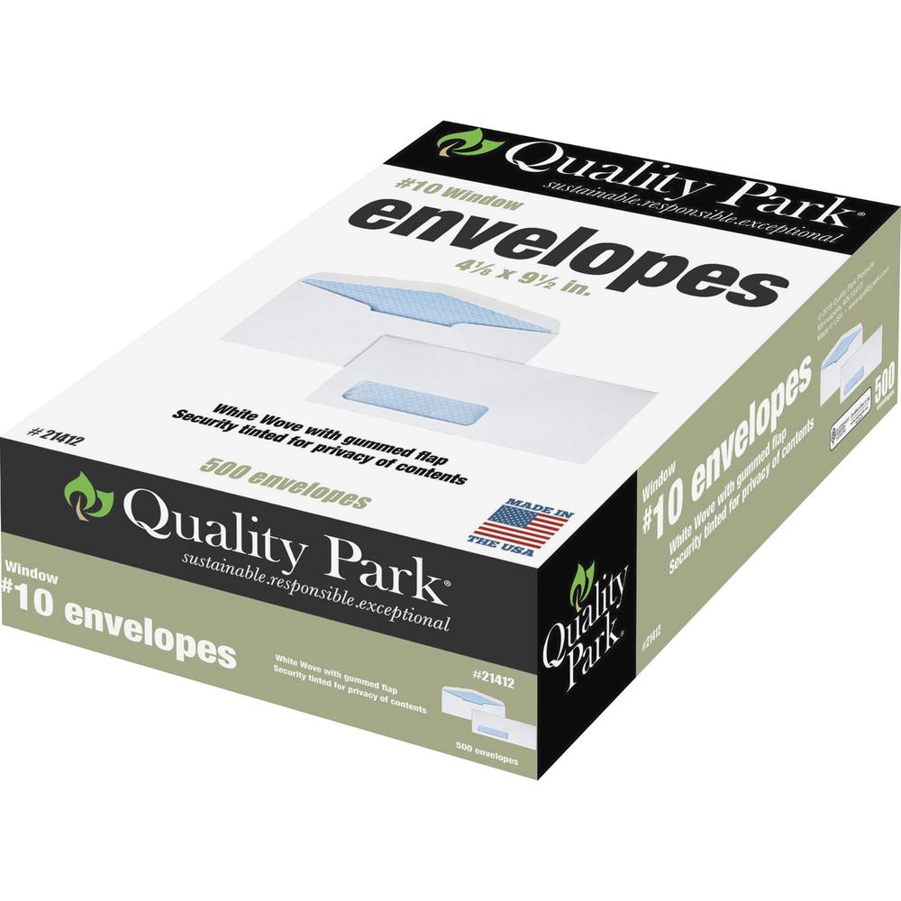 Quality Park No. 10 Single Window Security Tint Envelopes - Single Window - #10 - 4 1/8" Width x 9 1/2" Length - 24 lb - Adhesive - Wove - 500 / Box - White. Picture 1