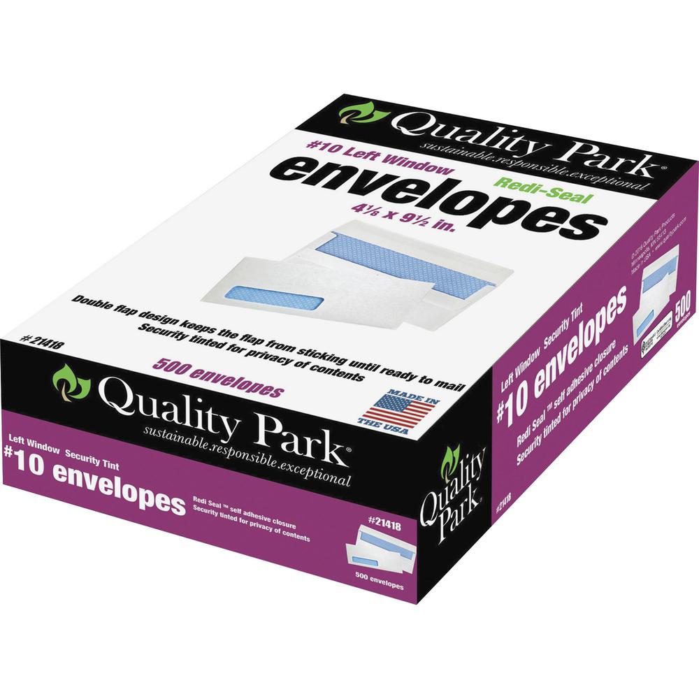 Quality Park No. 10 Single Window Security Tinted Business Envelopes with a Self-Seal Closure - Single Window - #10 - 4 1/8" Width x 9 1/2" Length - 24 lb - Self-sealing - Wove - 500 / Box - White. Picture 1