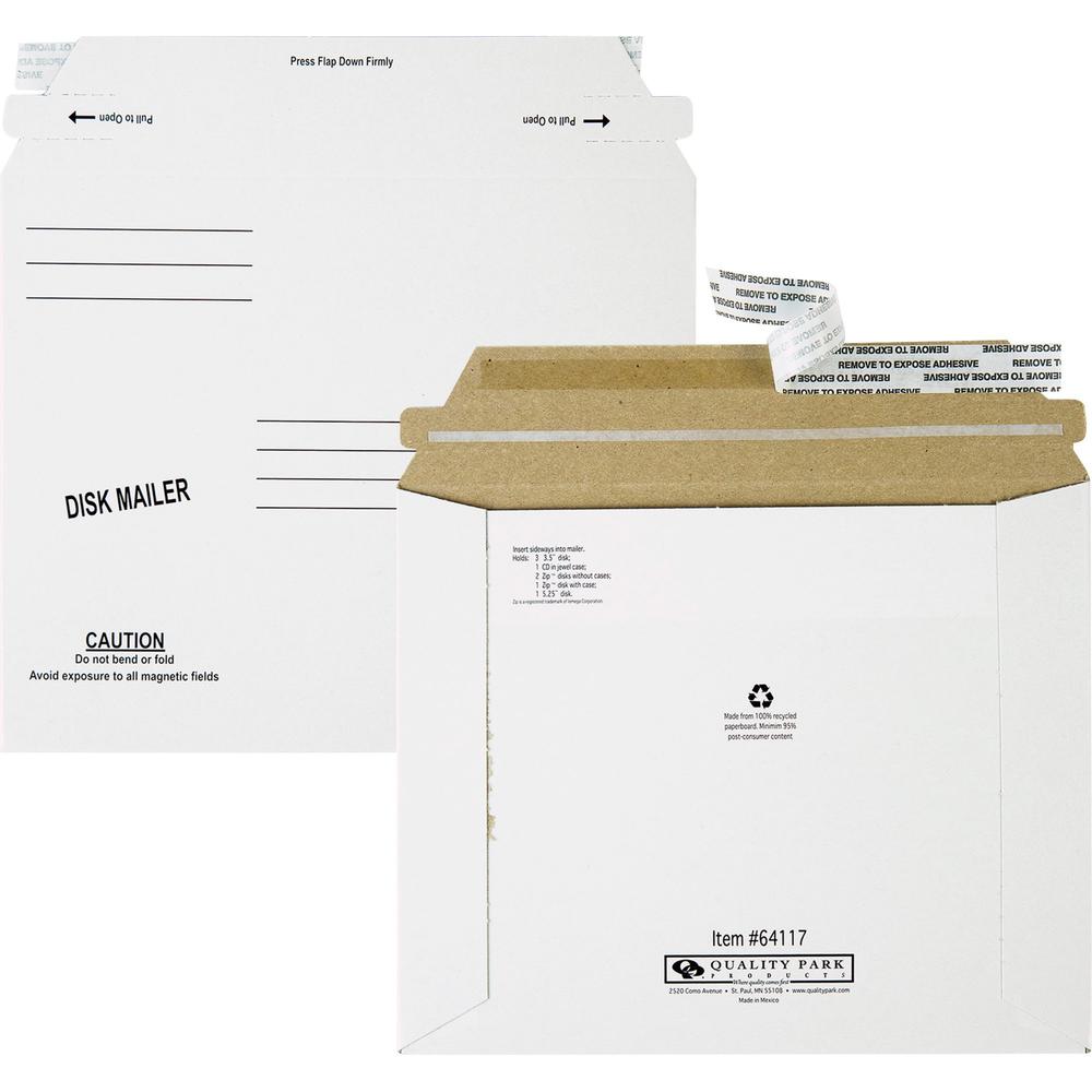 Quality Park Economy Disk/CD Mailers - Disc/Diskette - 7 1/2" Width x 6 1/8" Length - Self-sealing - Paperboard - 100 / Carton - White. Picture 1