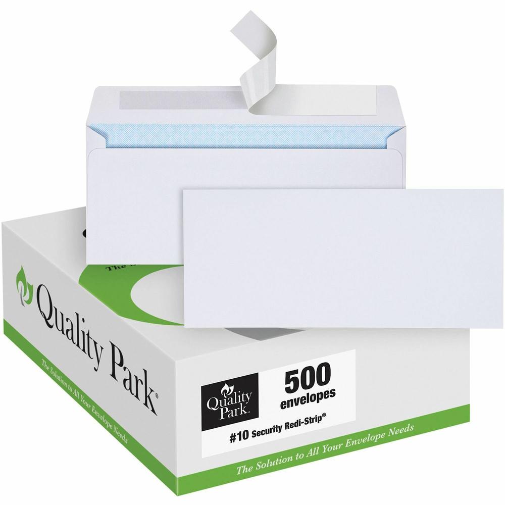 Quality Park No. 10 Security Tinted Business Envelopes with Redi-Strip&reg; Closure - Security - #10 - 4 1/8" Width x 9 1/2" Length - 24 lb - Self-sealing - Wove - 500 / Box - White. Picture 1