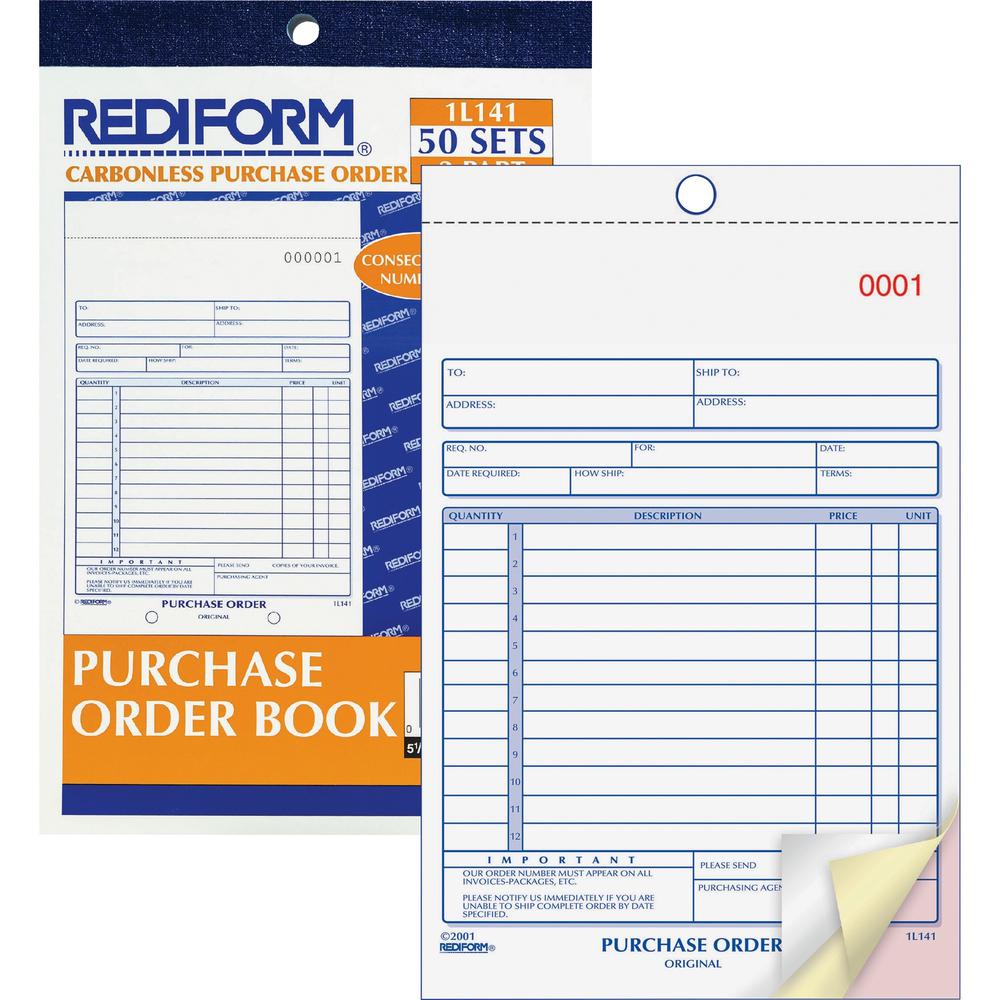 Rediform 3-Part Carbonless Purchase Order Book - 50 Sheet(s) - 3 PartCarbonless Copy - 5.50" x 7.87" Sheet Size - White, Canary, Pink - Blue Print Color - 1 Each. Picture 1
