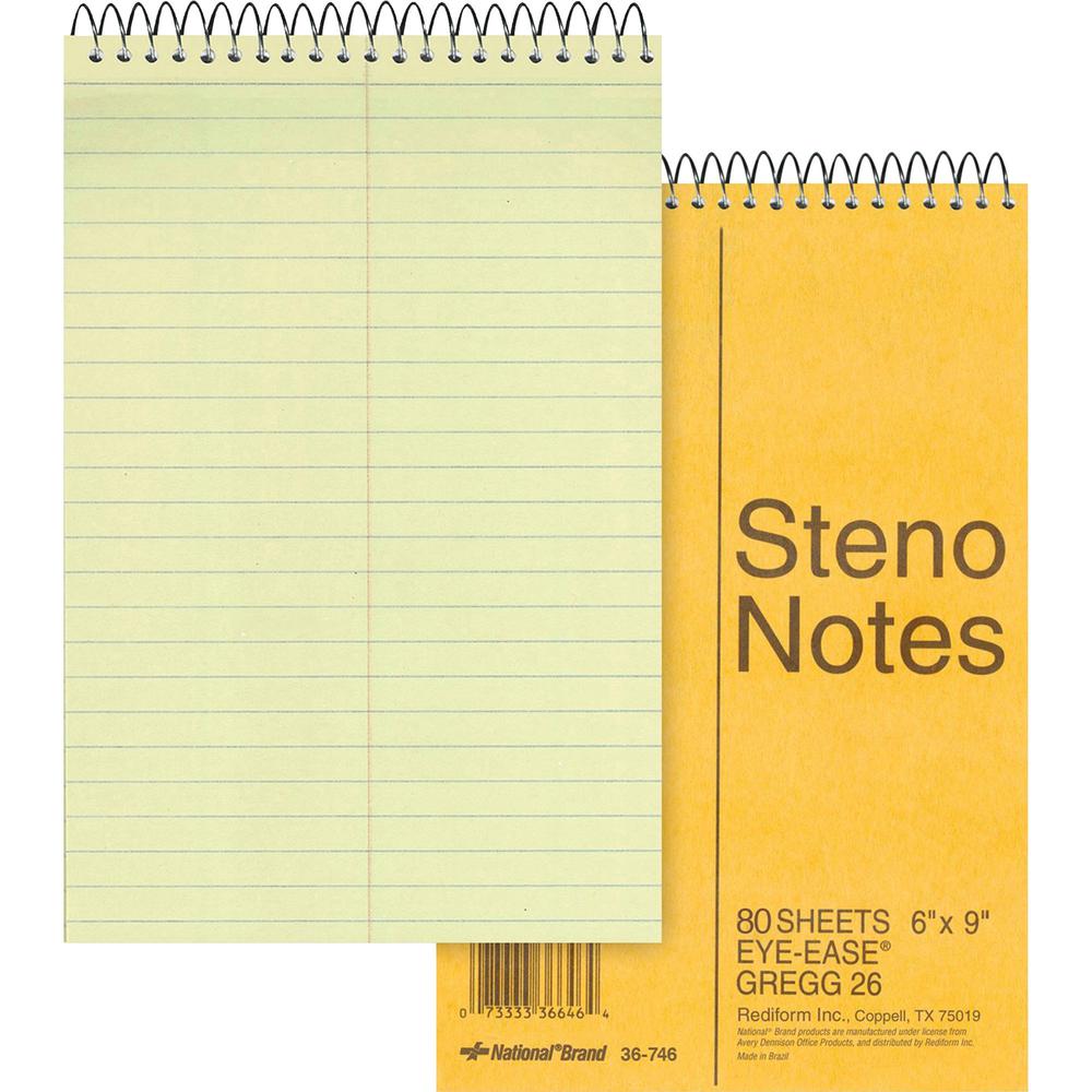 Rediform Eye-ease Steno Notebook - 80 Sheets - Wire Bound - Gregg Ruled - 16 lb Basis Weight - 6" x 9" - Green Paper - Brown Cover - Board Cover - Hard Cover, Rigid - 1 Each. Picture 1