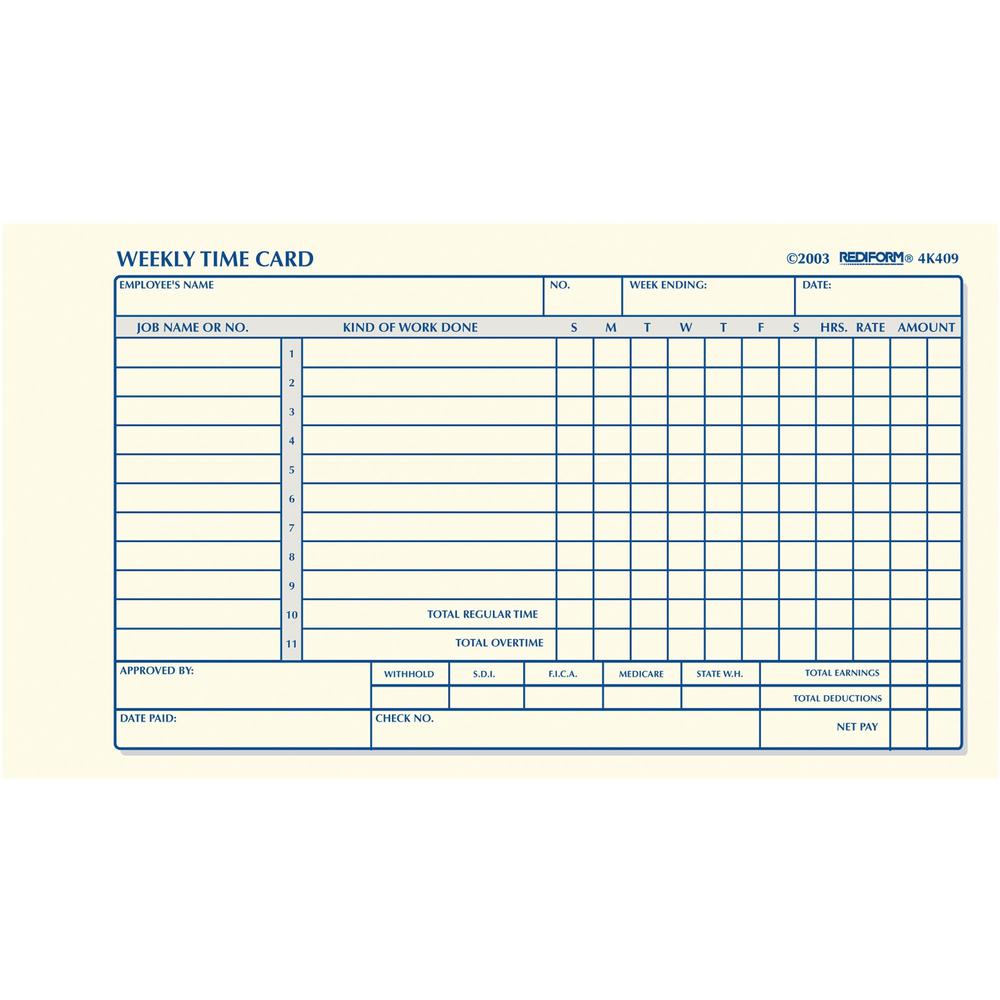 Rediform Weekly Time Cards - 100 Sheet(s) - 1 Part - 7" x 4.25" Sheet Size - White - Manila Sheet(s) - 1 / Pad. Picture 1