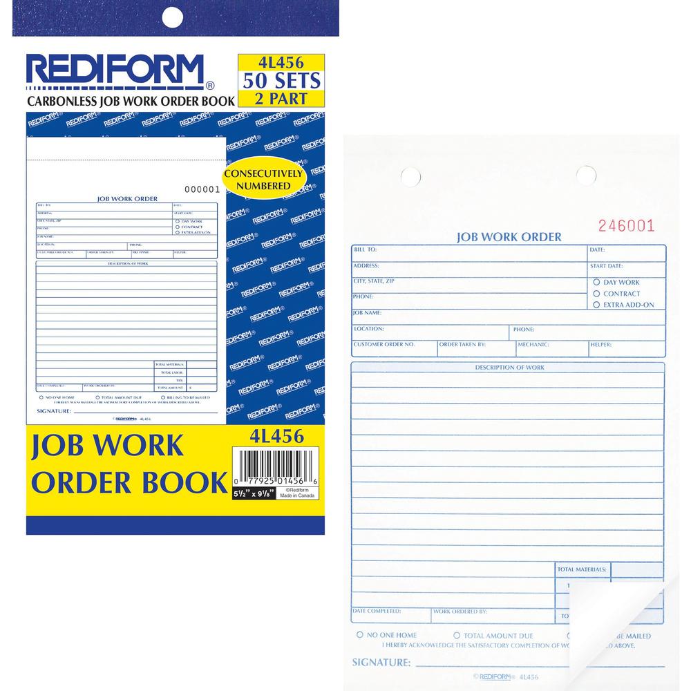 Rediform 2-part Job Work Order Book - 50 Sheet(s) - 2 PartCarbonless Copy - 5.50" x 8.50" Sheet Size - Assorted Sheet(s) - Blue, Red Print Color - 1 Each. Picture 1