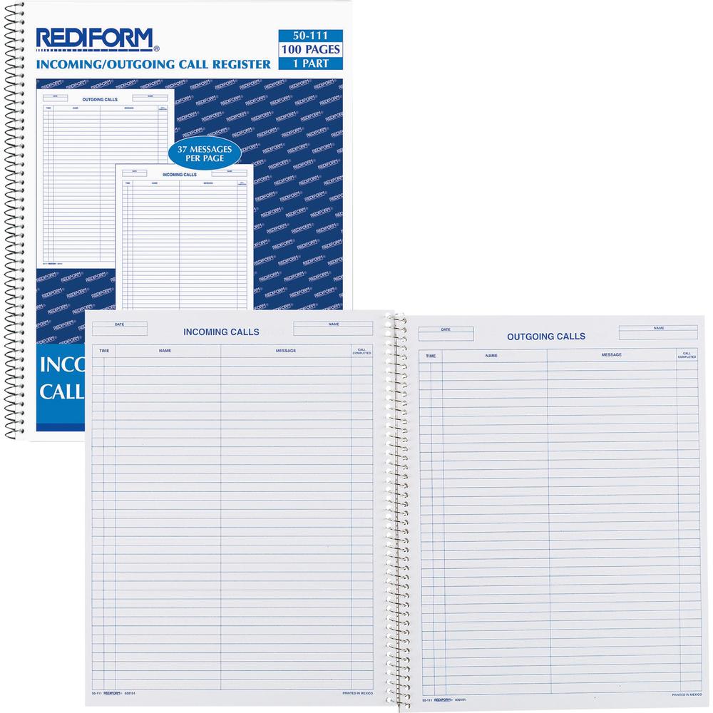 Rediform Incoming/Outgoing Call Register Book - 100 Sheet(s) - Wire Bound - 8.50" x 11" Sheet Size - White - White Sheet(s) - Blue Print Color - Recycled - 1 Each. Picture 1