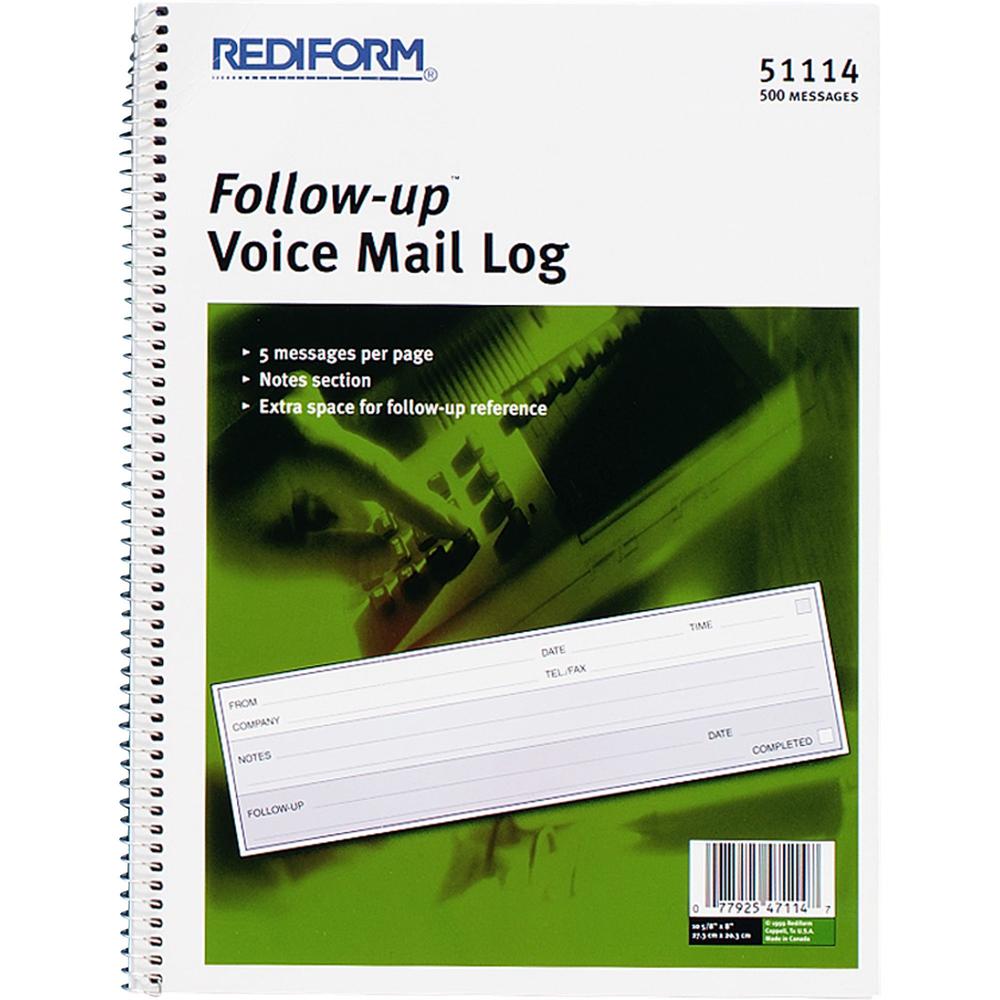 Rediform Follow-Up Voice Mail Log Book - 500 Sheet(s) - Wire Bound - 1 Part - 8" x 10.62" Sheet Size - White Sheet(s) - Blue Print Color - Recycled - 1 Each. Picture 1