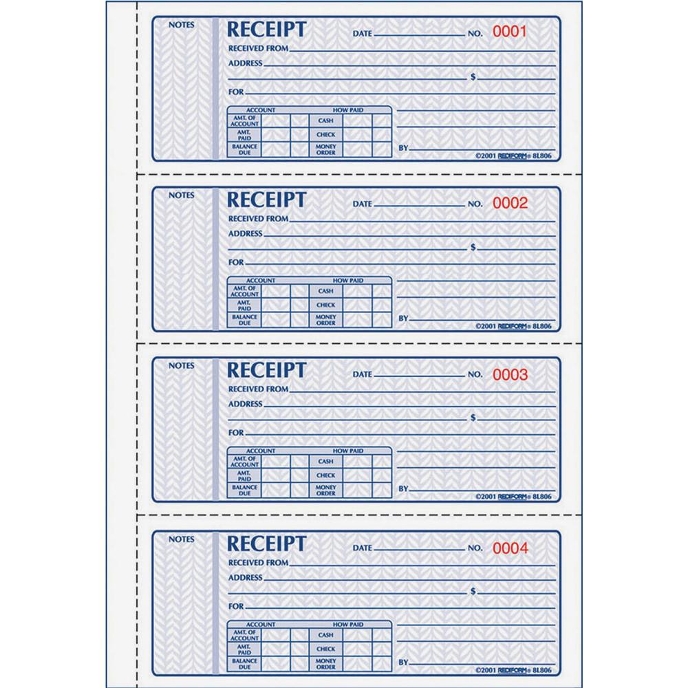 Rediform Receipt Money Collection Forms - 200 Sheet(s) - Book Bound - 2 PartCarbonless Copy - 7" x 2.75" Sheet Size - Assorted Sheet(s) - 1 Each. Picture 1