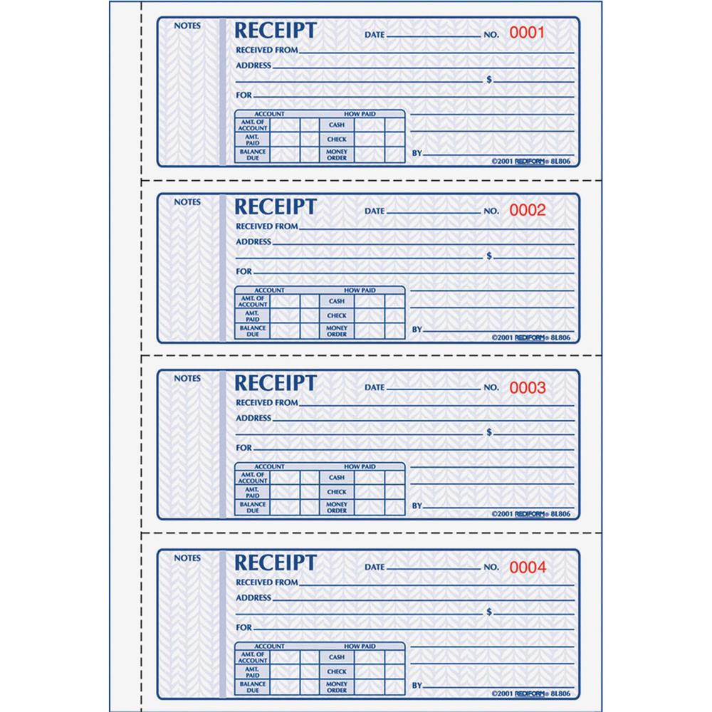 Rediform Money Receipt 4 Per Page Collection Forms - 400 Sheet(s) - 2 PartCarbonless Copy - 7" x 2.75" Sheet Size - White, Yellow - Black Print Color - 1 Each. Picture 1