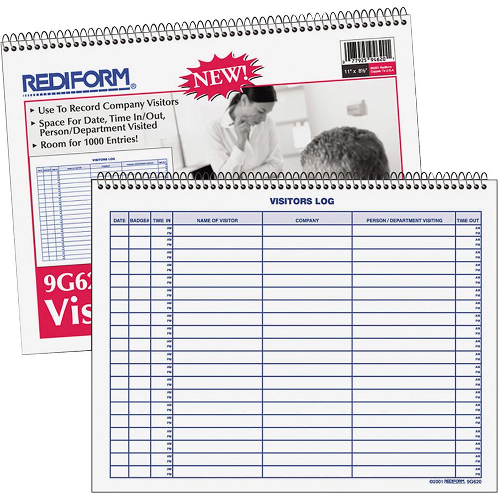 Rediform Visitor's Log Book - 50 Sheet(s) - Wire Bound - 1 Part - 11" x 8.50" Sheet Size - White - White Sheet(s) - Blue Print Color - Recycled - 1 Each. Picture 1