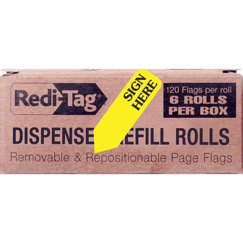 Redi-Tag Sign Here Arrow Flags Dispenser Refills - 720 x Yellow - 1 7/8" x 9/16" - "SIGN HERE" - Yellow - Removable, Self-adhesive - 6 / Box. Picture 1