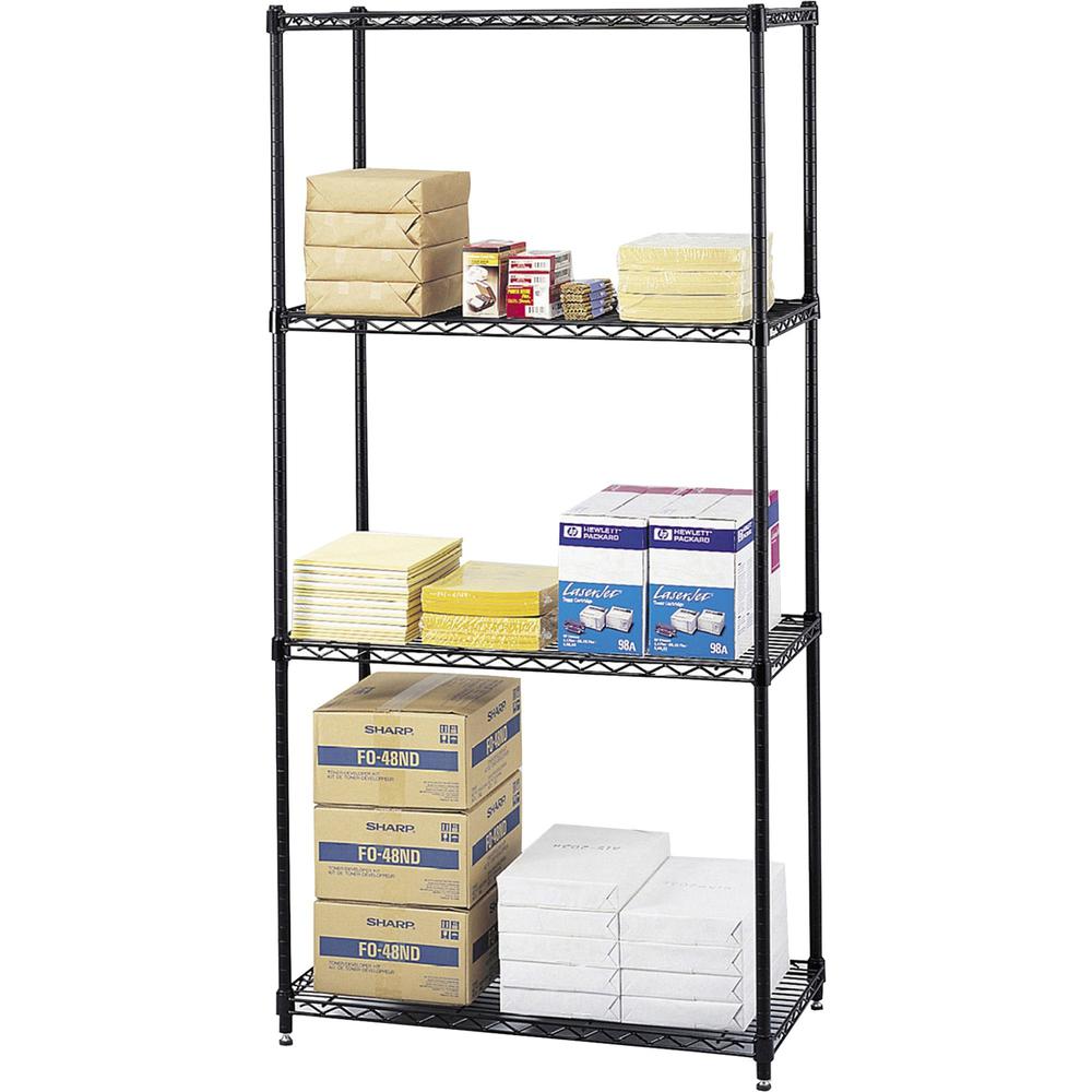 Safco Commercial Wire Shelving - 18" x 72" x 36" - 4 x Shelf(ves) - 2000 lb Load Capacity - Leveling Glide - Black - Powder Coated - Steel - Assembly Required. Picture 1