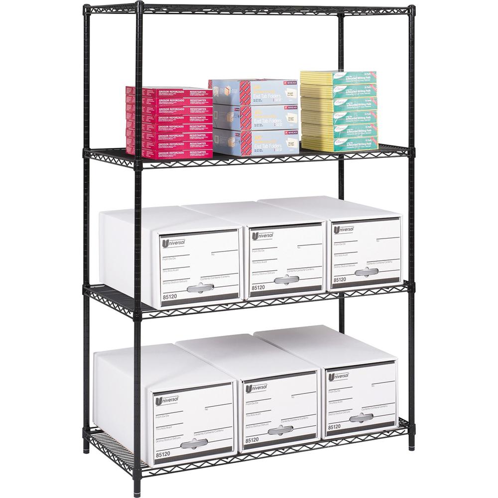 Safco Industrial Wire Shelving - 48" x 24" x 72" - 4 x Shelf(ves) - 3200 lb Load Capacity - Adjustable Glide, Durable - Black - Powder Coated - Steel - Assembly Required. Picture 1