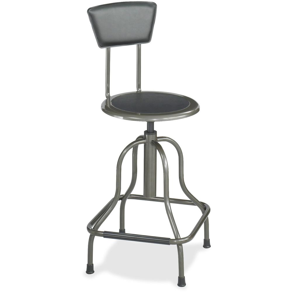 Safco Diesel High Base Stool With Back - Black Leather Seat - Leather Back - Pewter Steel Frame - Pewter - Leather - 1 Each. Picture 1