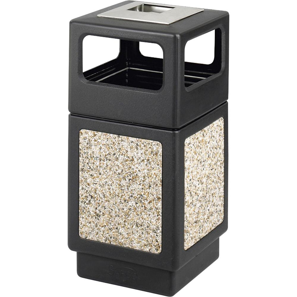 Safco Plastic/Stone Aggregate Receptacles - 38 gal Capacity - Square - 39.3" Height x 18.3" Width x 18.3" Depth - Polyethylene, Stainless Steel - Black - 1 Each. Picture 1