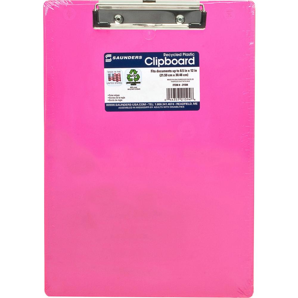 Saunders Neon Plastic Clipboards - 0.50" Clip Capacity - Plastic - Neon Pink - 1 Each. Picture 1