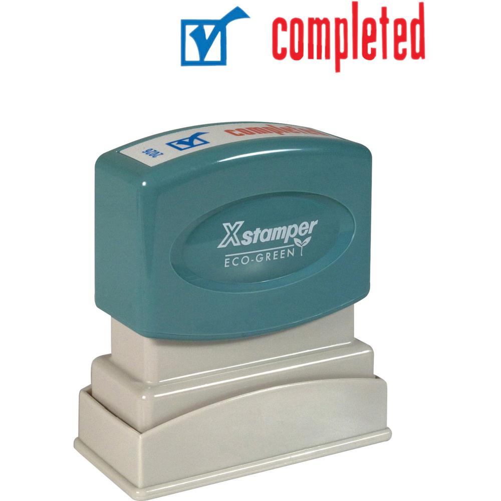 Xstamper Red/Blue COMPLETED Title Stamp - Message Stamp - "COMPLETED" - 0.50" Impression Width - 100000 Impression(s) - Red, Blue - Polymer - Recycled - 1 Each. Picture 1