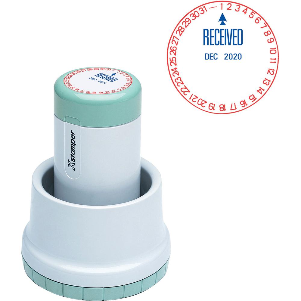 Xstamper XpeDater RECEIVED Rotary Dater - Message/Date Stamp - "RECEIVED" - 1.75" Impression Diameter - Red, Blue - 1 Each. Picture 1