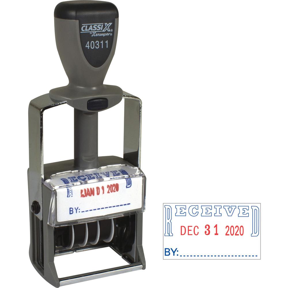 Xstamper Heavy-duty RECEIVED Self-Ink Dater - Message/Date Stamp - "RECEIVED" - Red, Blue - Metal, Plastic Metal - 1 Each. Picture 1