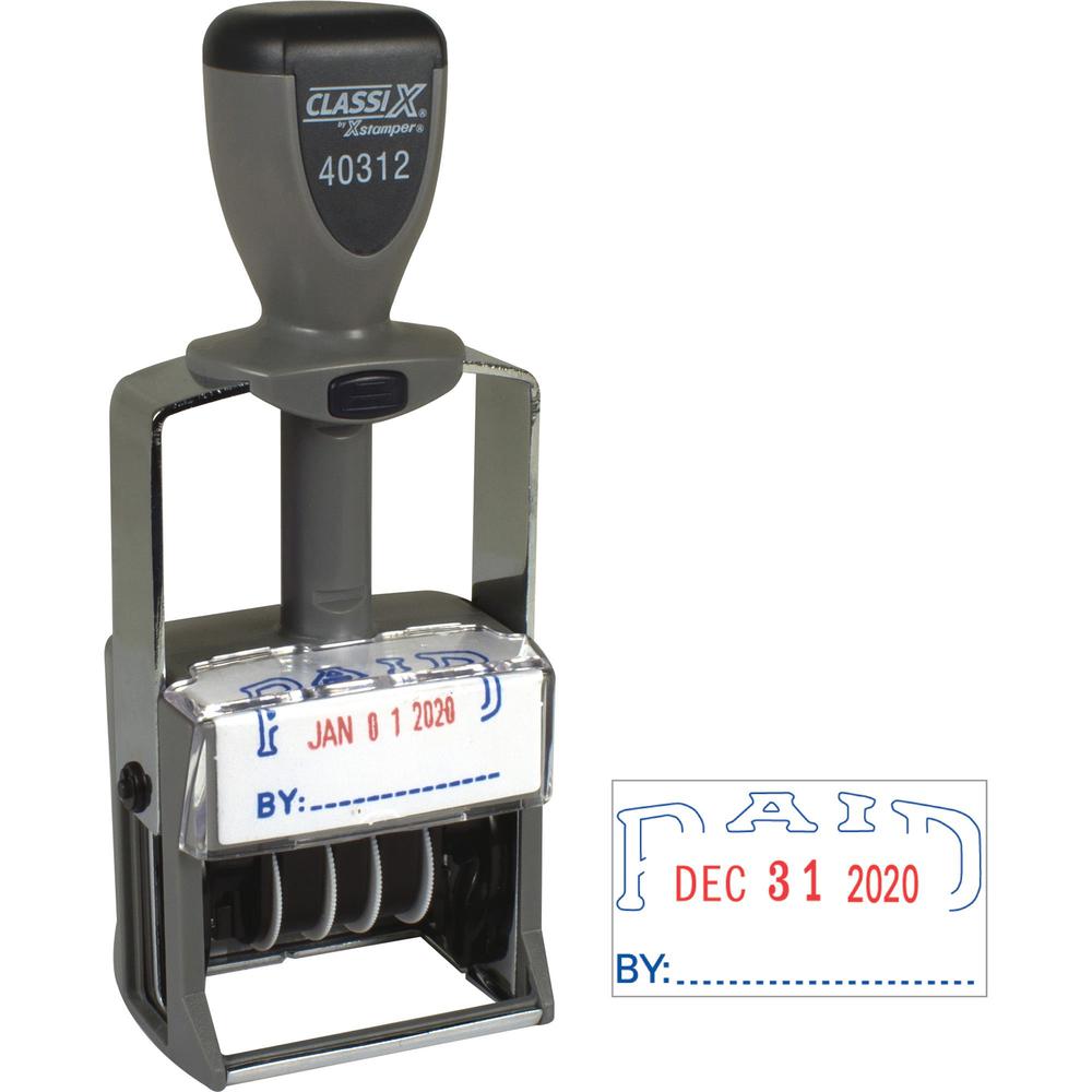Xstamper Heavy-duty PAID Self-Inking Dater - Message/Date Stamp - "PAID" - Blue, Red - Metal, Plastic Metal - 1 Each. Picture 1