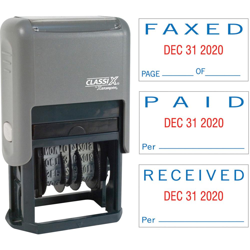 Xstamper Self-Inking Paid/Faxed/Received Dater - Message/Date Stamp - "PAID, FAXED, RECEIVED" - 0.93" Impression Width - Blue, Red - Plastic Plastic - 1 Each. Picture 1
