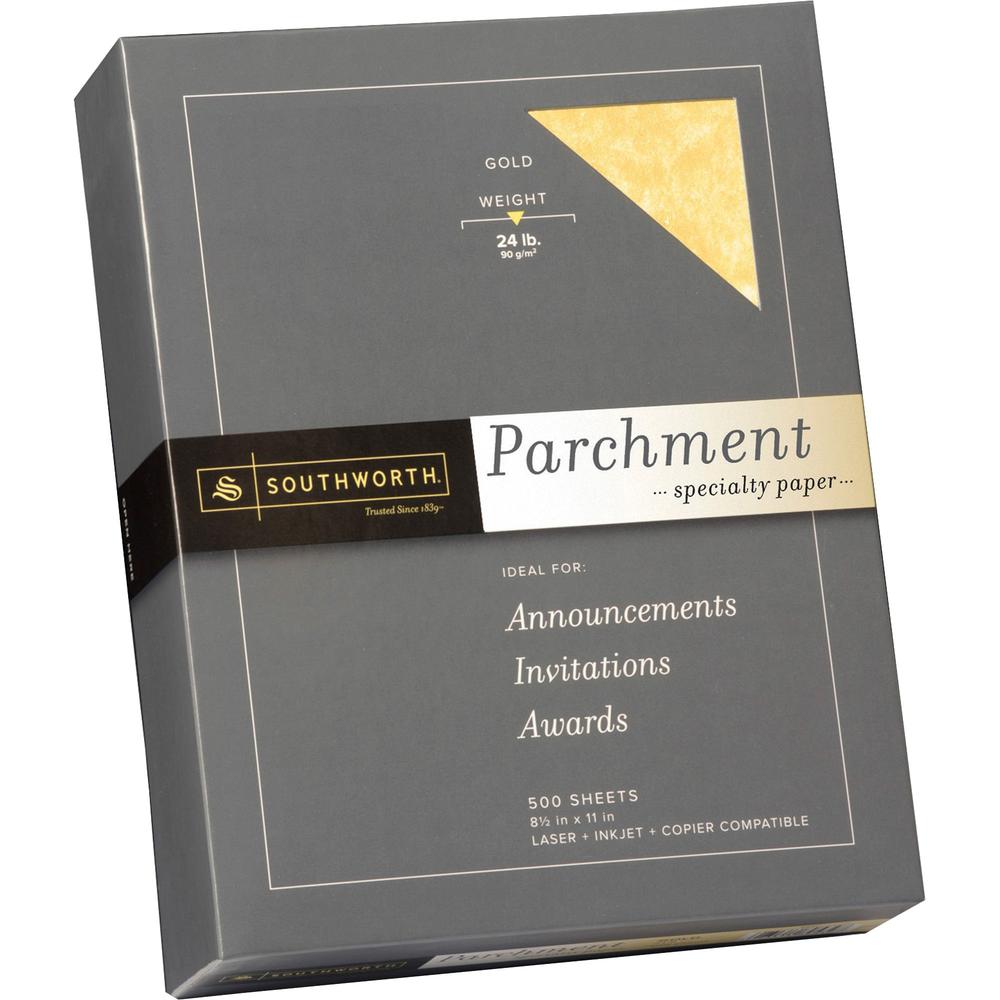 Southworth Parchment Specialty Paper - Gold - Letter - 8 1/2" x 11" - 24 lb Basis Weight - Parchment - 500 / Box - Acid-free, Lignin-free - Gold. Picture 1