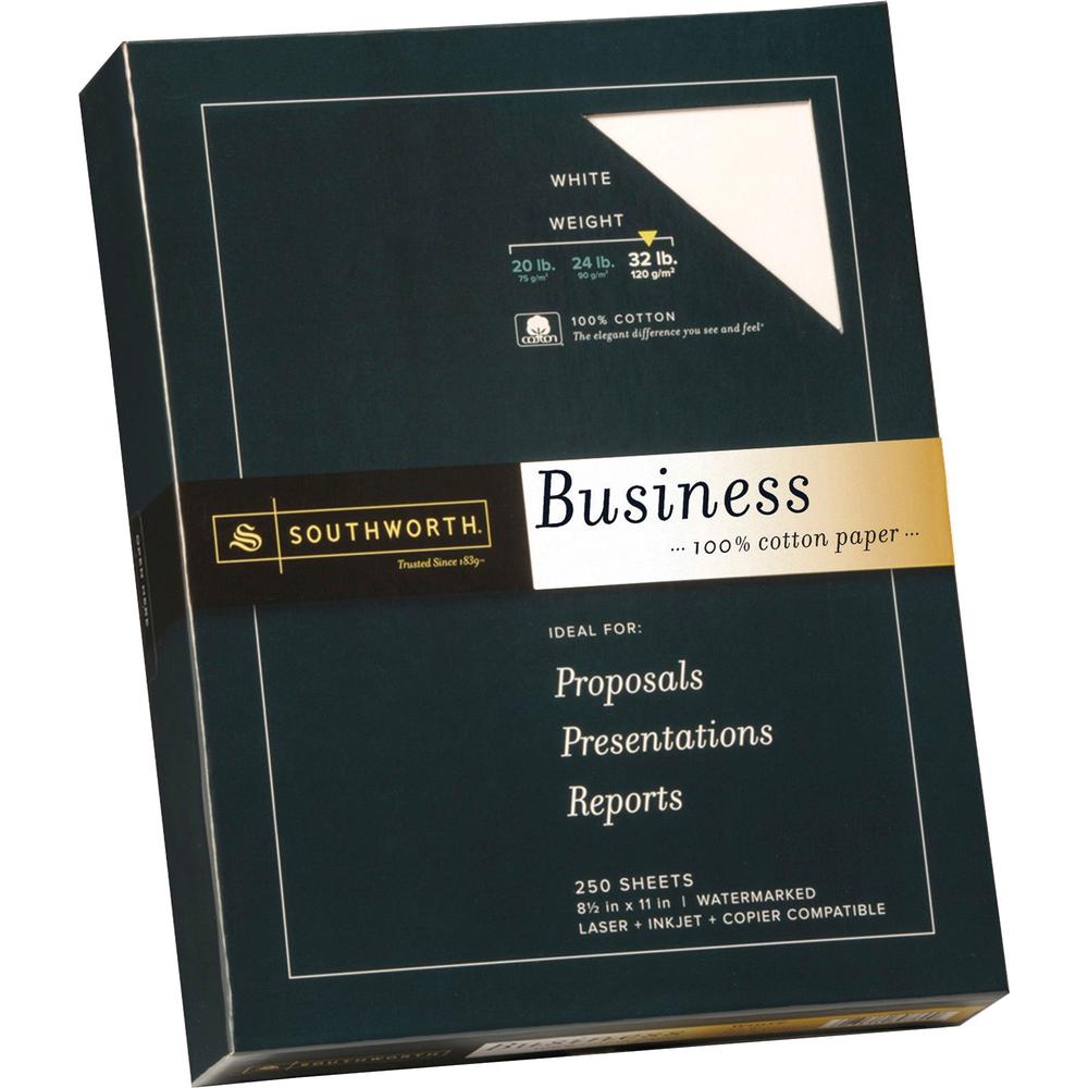 Southworth Premium Weight 100% Business Cotton Paper - Letter - 8 1/2" x 11" - 32 lb Basis Weight - Wove - 250 / Box. The main picture.