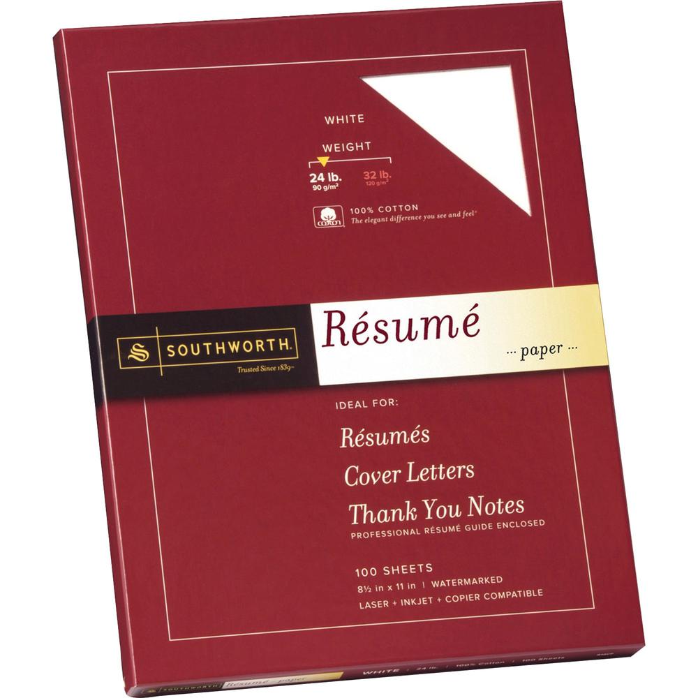 Southworth 100% Cotton Resume Paper - Letter - 8 1/2" x 11" - 24 lb Basis Weight - Wove - 100 / Box - White. Picture 1