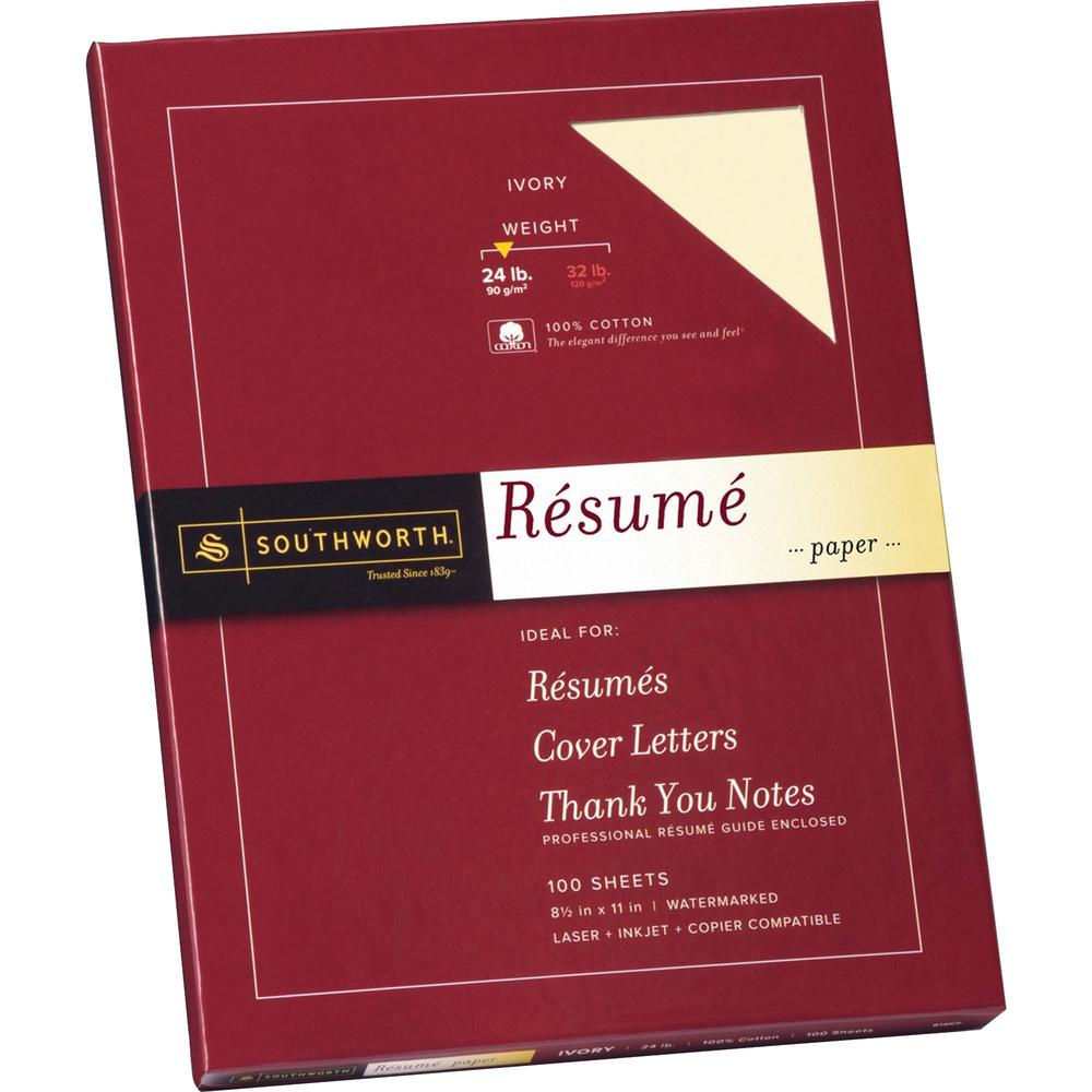 Southworth 100% Cotton Resume Paper - Letter - 8 1/2" x 11" - 24 lb Basis Weight - Wove - 100 / Box - Acid-free, Lignin-free - Ivory. Picture 1