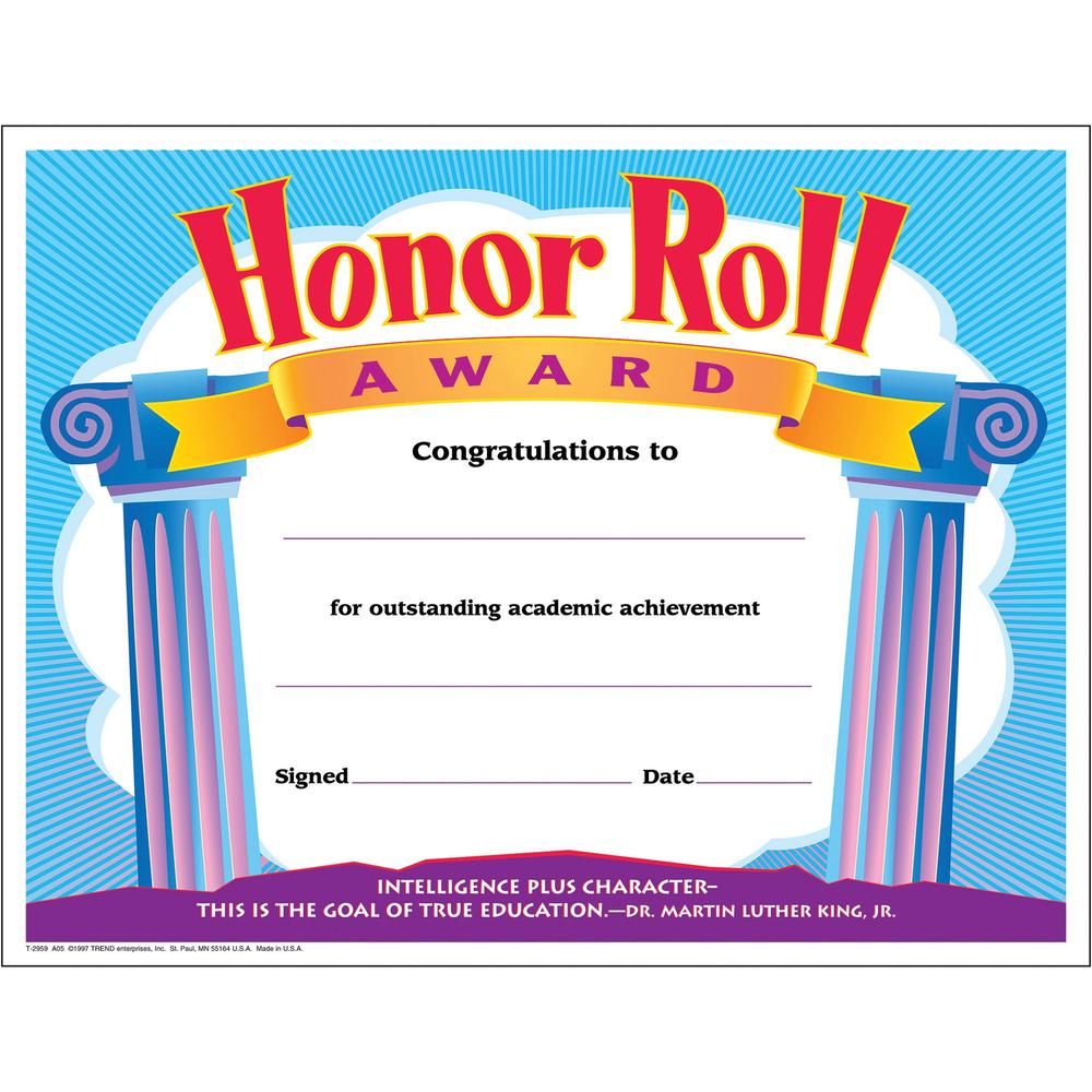 Trend Honor Roll Award Certificate - "Honor Roll Award" - 8.5" x 11" - Assorted - 30 / Pack. Picture 1