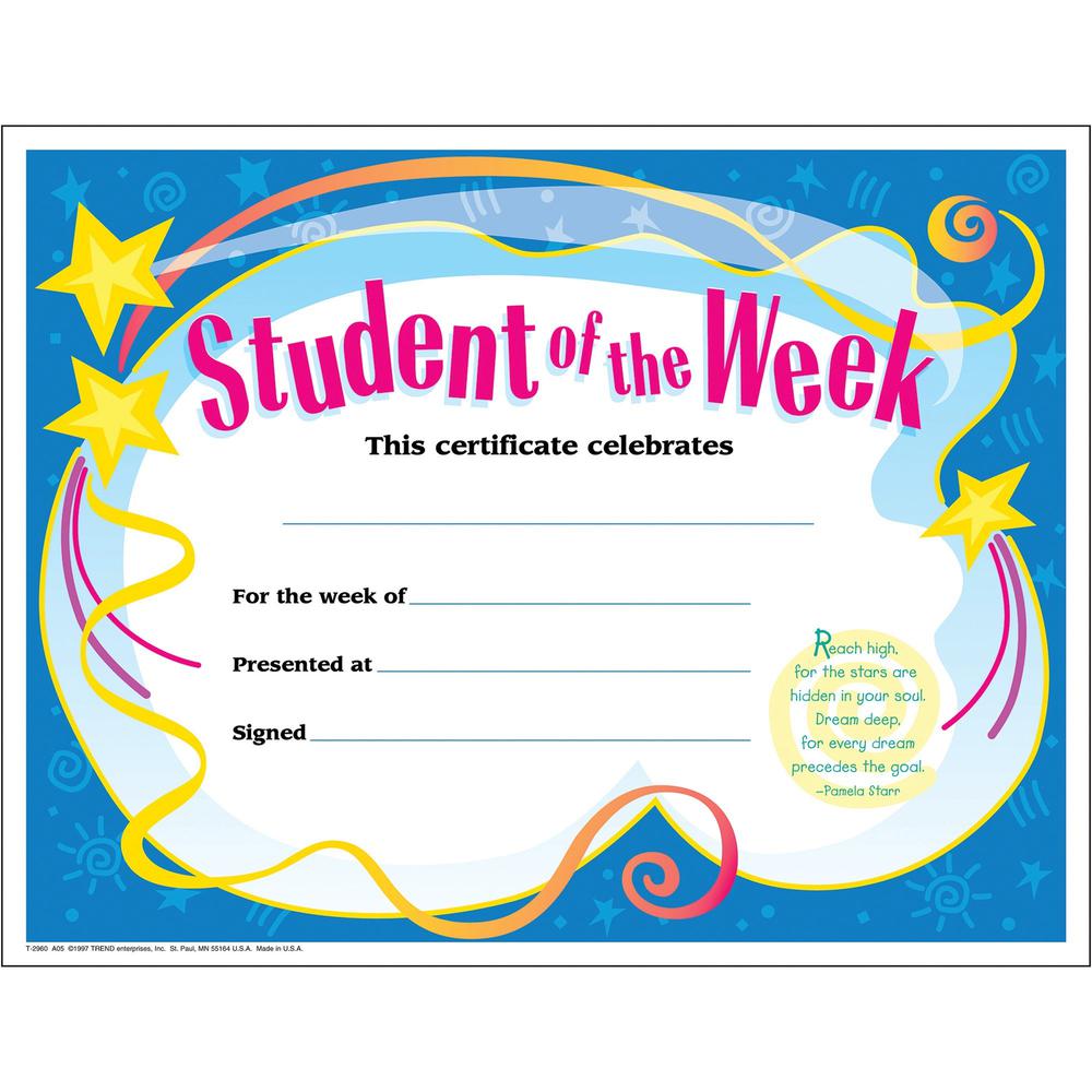 Trend Student of The Week Award Certificate - "Student of the Week" - 8.5" x 11" - 30 / Pack. Picture 1