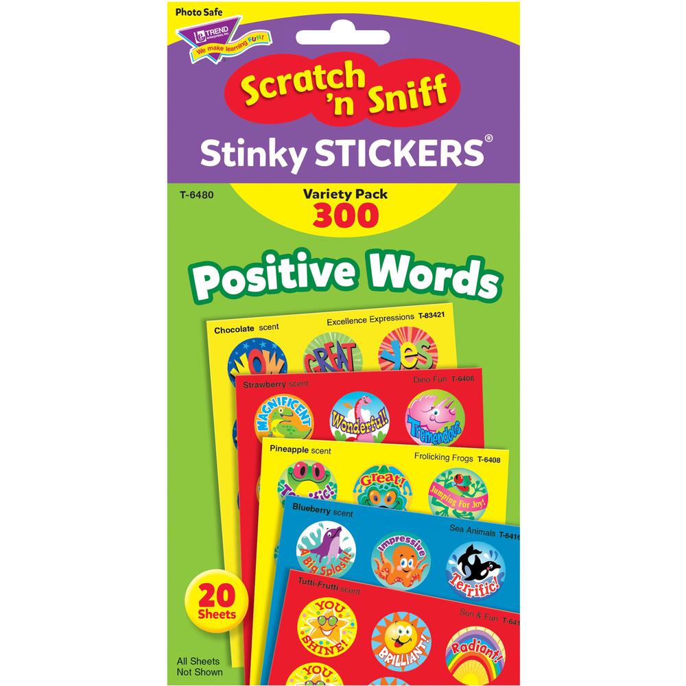 Trend Positive Words Stinky Stickers Variety Pack - Round Shape - Self-adhesive - Acid-free, Non-toxic, Photo-safe, Scented - Assorted, Assorted - Paper - 300 / Pack. The main picture.