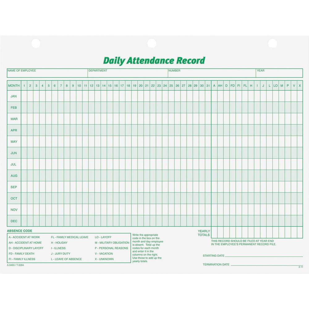 TOPS Daily Employee Attendance Record Form - 50 Sheet(s) - 11" x 8.50" Sheet Size - 3 x Holes - White - White Sheet(s) - Green Print Color - 1 / Pack. Picture 1