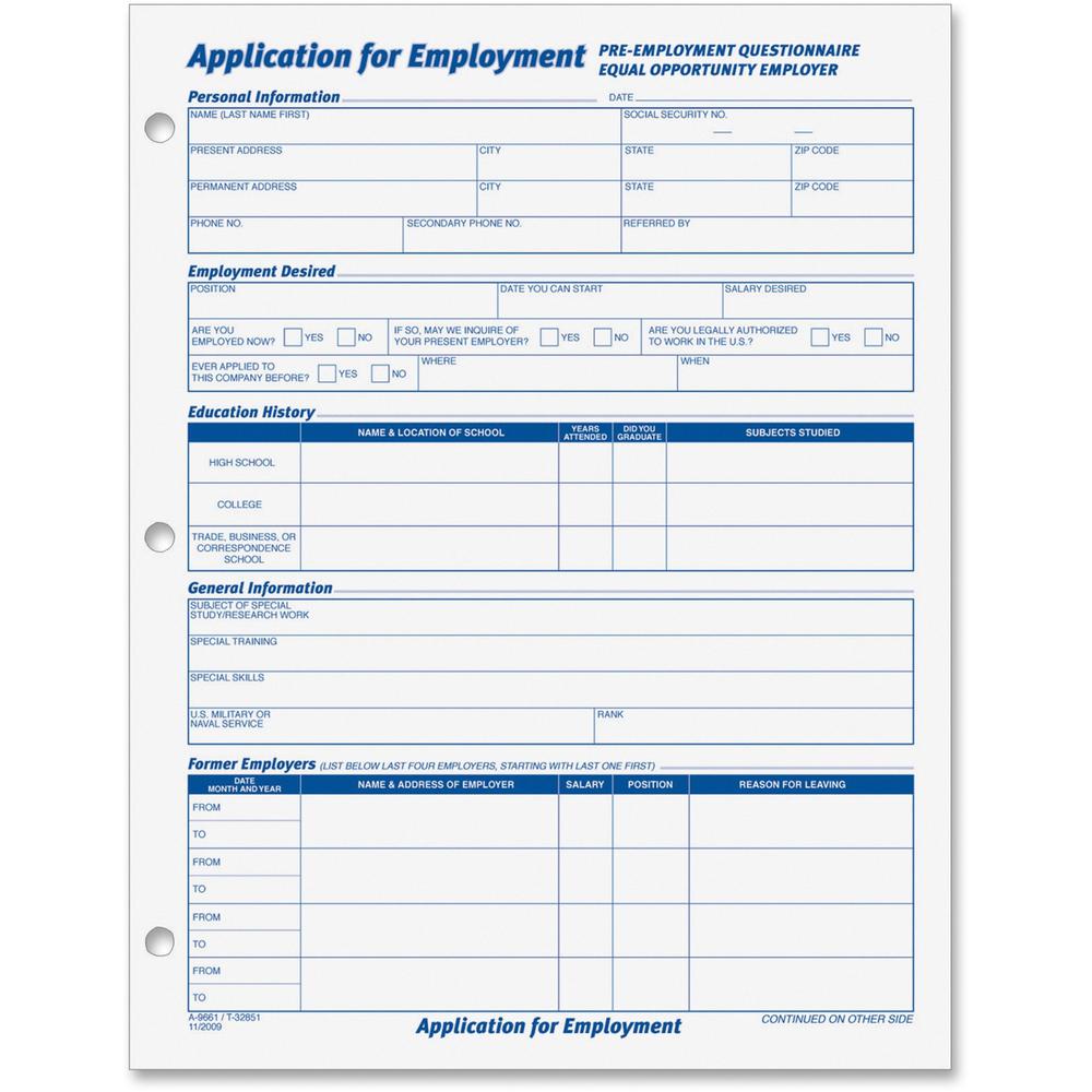 TOPS Employment Application Forms - 50 Sheet(s) - Gummed - 8.50" x 11" Sheet Size - White - White Sheet(s) - Black Print Color - 2 / Pack. Picture 1