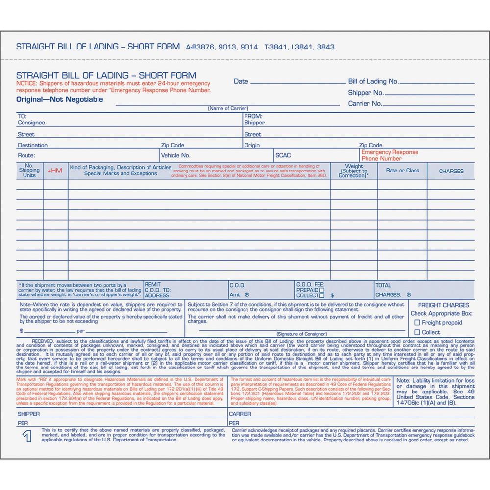 TOPS Bills of Lading Snap-Off Sets - 3 PartCarbonless Copy - 8.50" x 7.44" Sheet Size - White Sheet(s) - Blue, Red Print Color - 50 / Pack. Picture 1