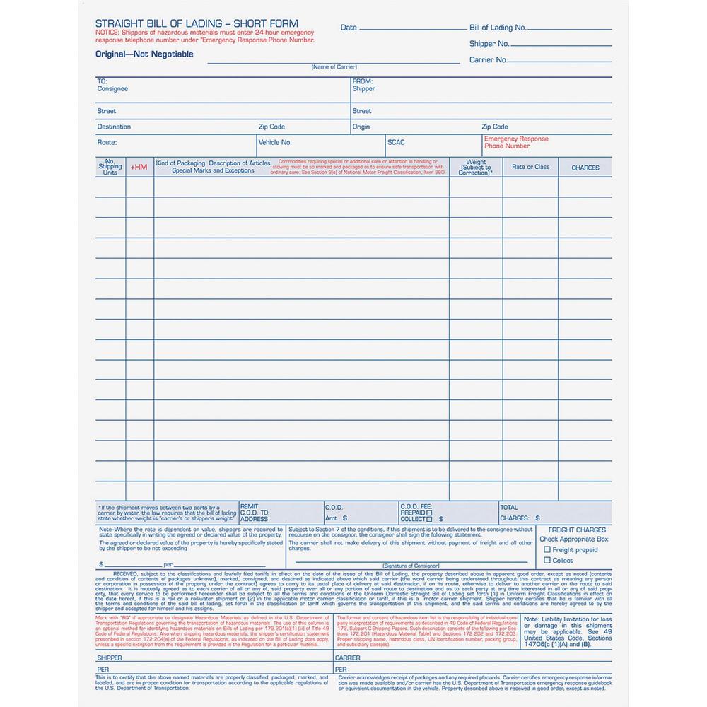 TOPS Bill-of-Lading Snap off 4-part Form Sets - 4 PartCarbonless Copy - 11.44" x 8.50" Sheet Size - White Sheet(s) - Light Blue, Blue, Red Print Color - 50 / Pack. Picture 1