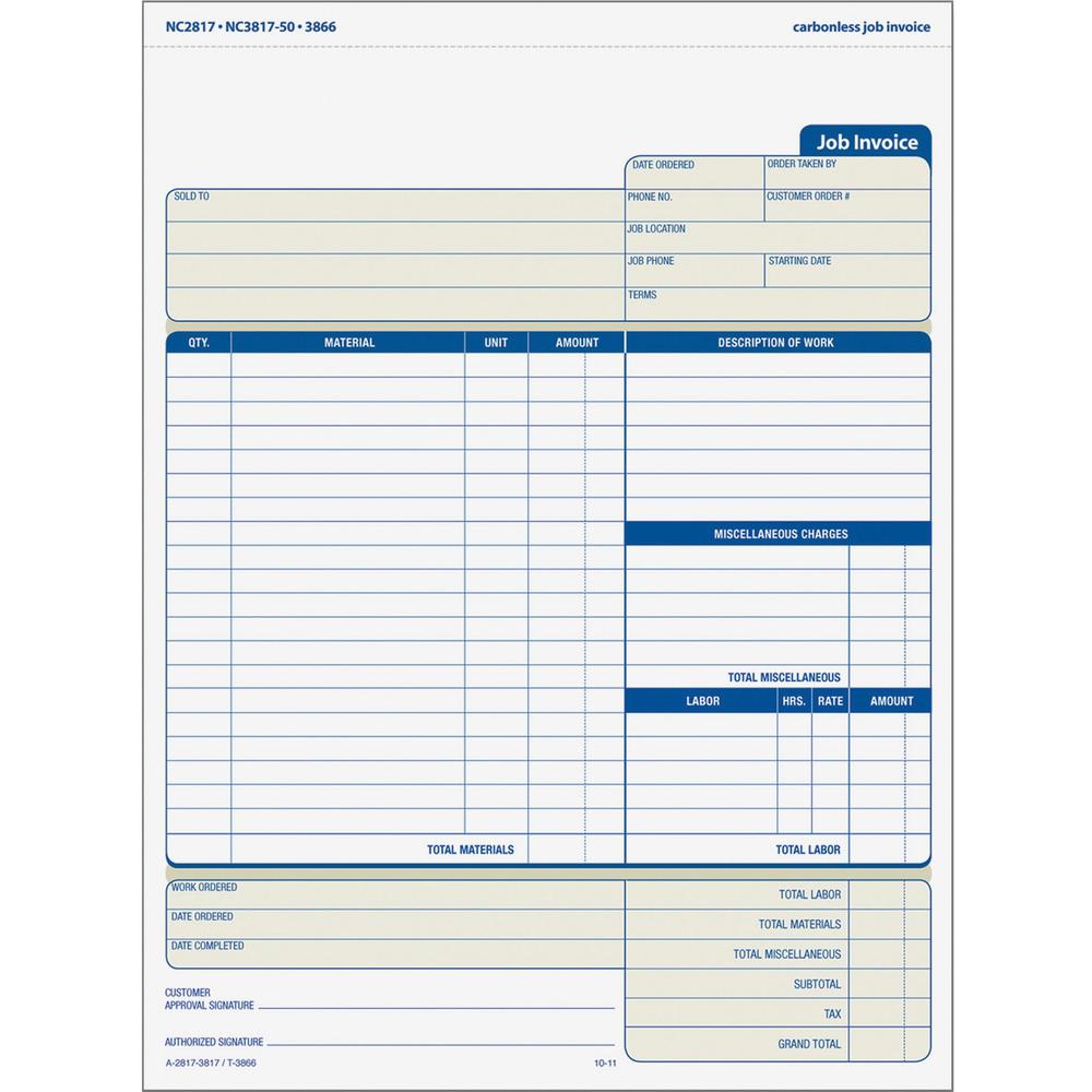 TOPS Three-part Carbonless Job Invoice Forms - 3 PartCarbonless Copy - 8.50" x 11" Sheet Size - White, Canary, Manila - Assorted Sheet(s) - Blue Print Color - 50 / Pack. Picture 1