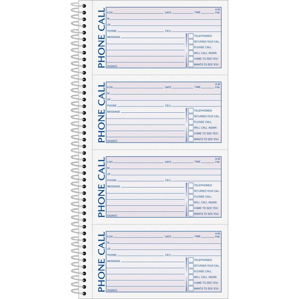 TOPS Carbonless Phone Message Book - Double Sided Sheet - Spiral Bound - 2 PartCarbonless Copy - 5.50" x 11" Sheet Size - White - Assorted Sheet(s) - Blue, Red Print Color - 1 Each. Picture 1