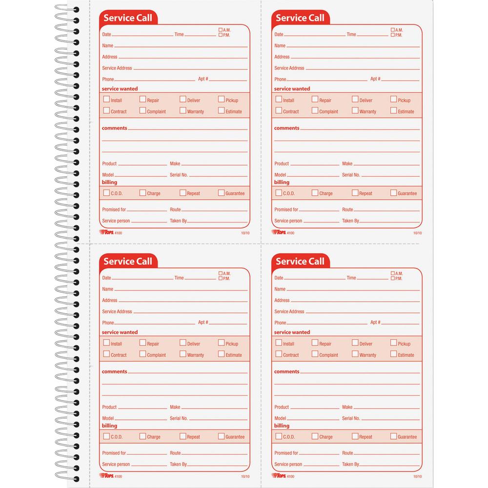 TOPS Service Call 2-part Spiral Message Slip Book - 200 Sheet(s) - Spiral Bound - 2 PartCarbonless Copy - 5.50" x 4" Form Size - 8.25" x 11" Sheet Size - White, Canary - Red Print Color - 1 Each. Picture 1