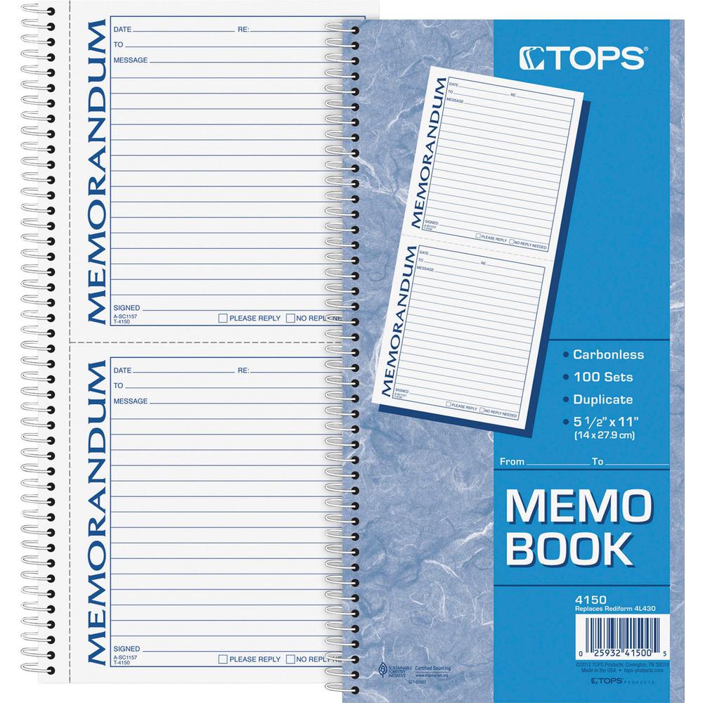 TOPS Memorandum Forms Book - 100 Sheet(s) - Spiral Bound - 2 PartCarbonless Copy - 5.50" x 5" Form Size - 5.50" x 11" Sheet Size - White, Canary - Assorted Sheet(s) - Blue, Red Print Color - 1 Each. Picture 1