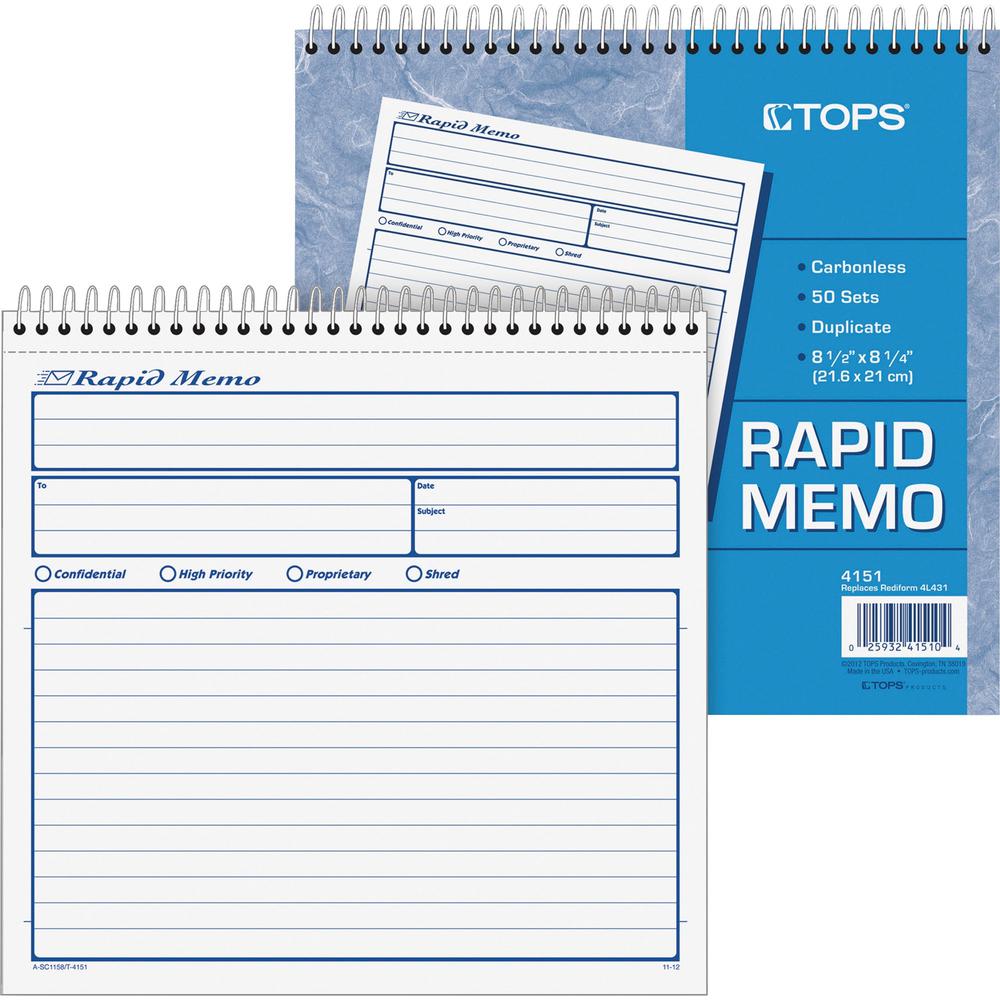 TOPS Rapid Memo Book - Spiral Bound - 2 PartCarbonless Copy - 8.50" x 7.75" Sheet Size - Assorted Sheet(s) - 1 Each. Picture 1