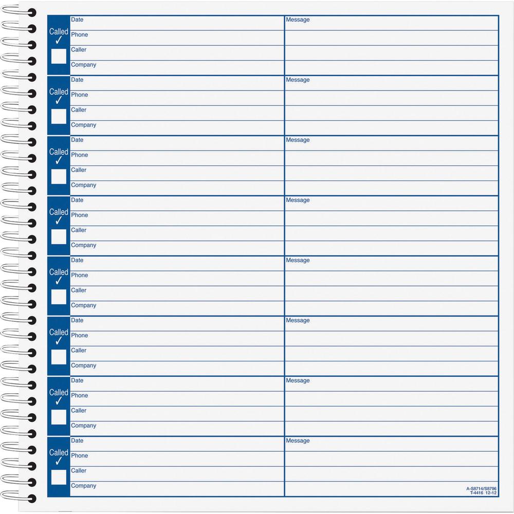 TOPS Spiral Bound Voice Message Log Book - 50 Sheet(s) - 8.25" x 8.50" Sheet Size - White - White Sheet(s) - 1 Each. Picture 1