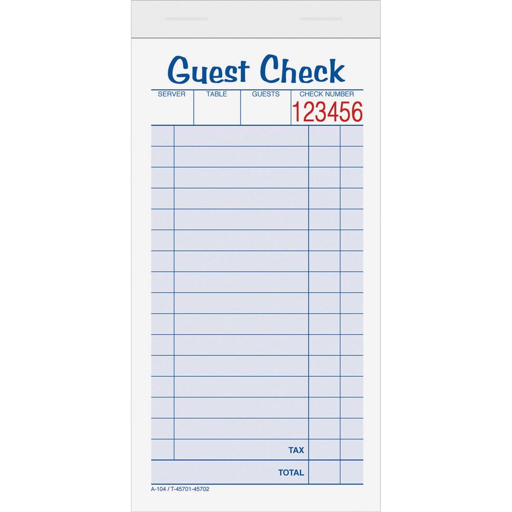 TOPS 2-part Carbonless Guest Check Books - 2 Part - 3.37" x 5.50" Sheet Size - Blue, Green, Red Print Color - 10 / Pack. Picture 1