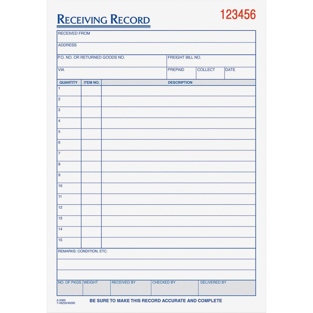 TOPS Carbonless Receiving Record Forms - 3 PartCarbonless Copy - 5.56" x 8.44" Sheet Size - 2 x Holes - Assorted Sheet(s) - Blue, Red Print Color - 1 Each. Picture 1