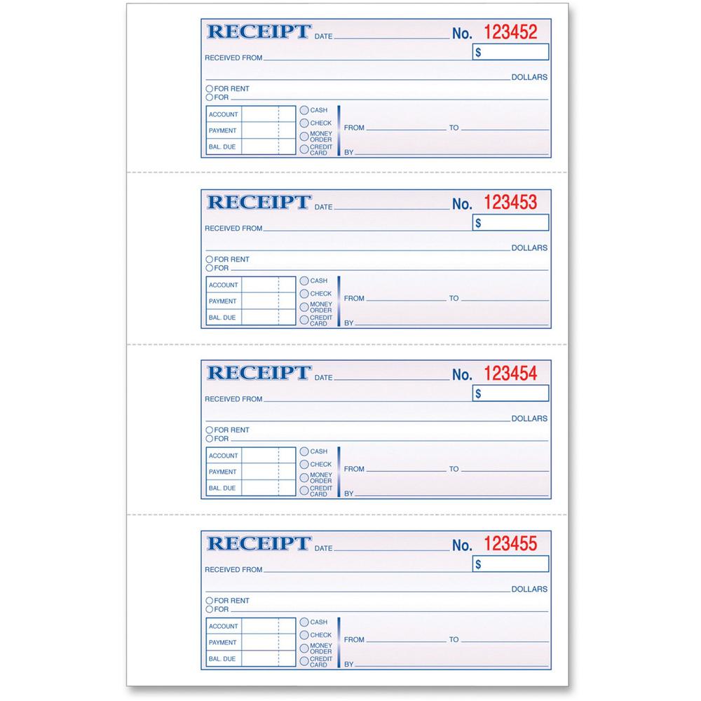 TOPS Money/Rent Receipt Book - 2 PartCarbonless Copy - 2.75" x 7.25" Sheet Size - Assorted Sheet(s) - Blue Print Color - 1 Each. Picture 1